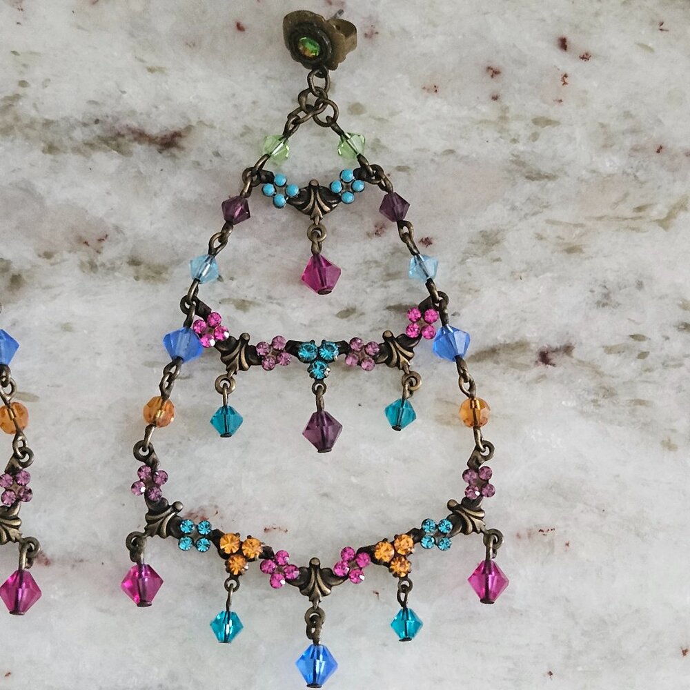 RARE VINTAGE SORRELLI FLOWER FLORAL CRYSTAL DROP DANGLE CHANDELIER EARRINGS - Picture 3 of 13